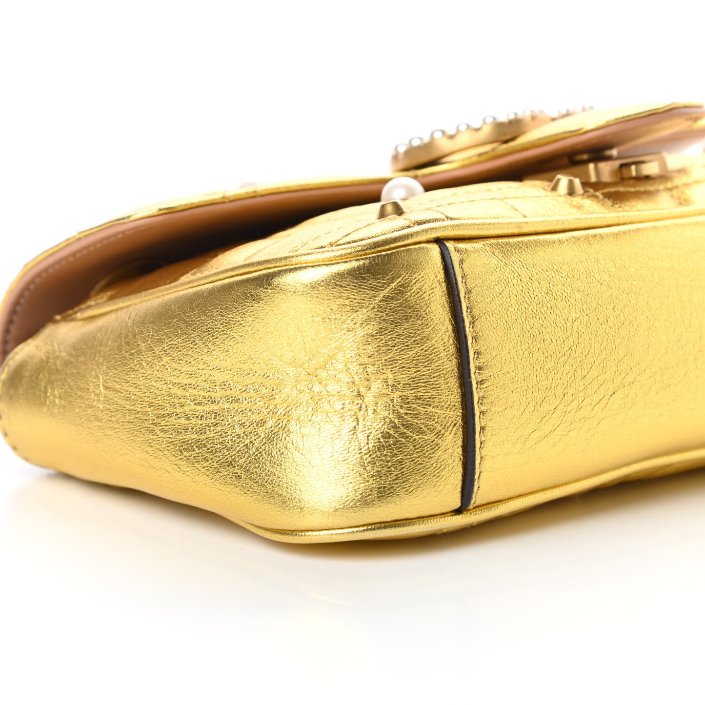 Metallic Calfskin Matelasse Studded Mini Pearly GG Marmont Shoulder Bag Gold