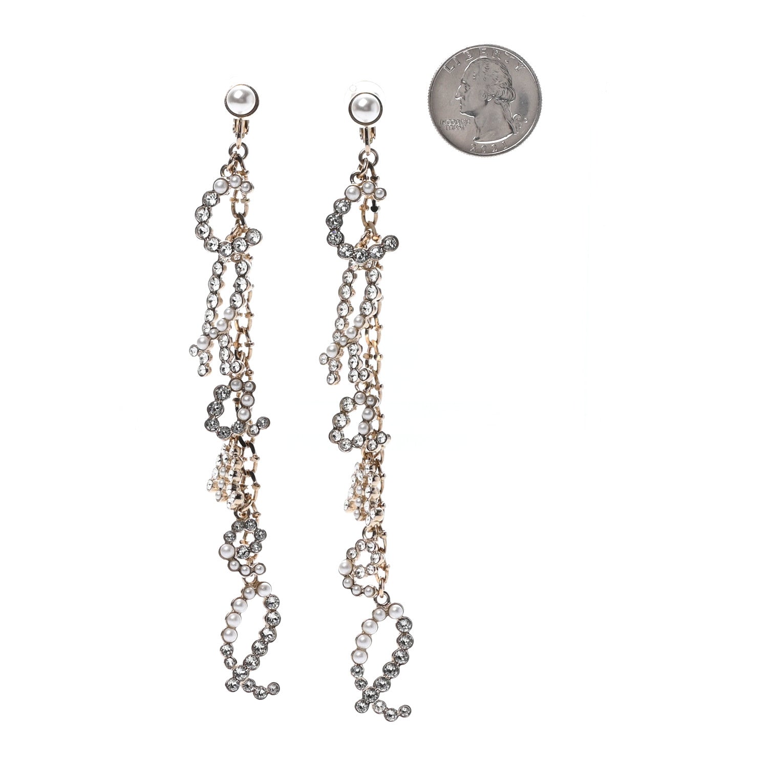 Chanel Crystal Pearl Drop Letter Earrings Silver 2 of 4