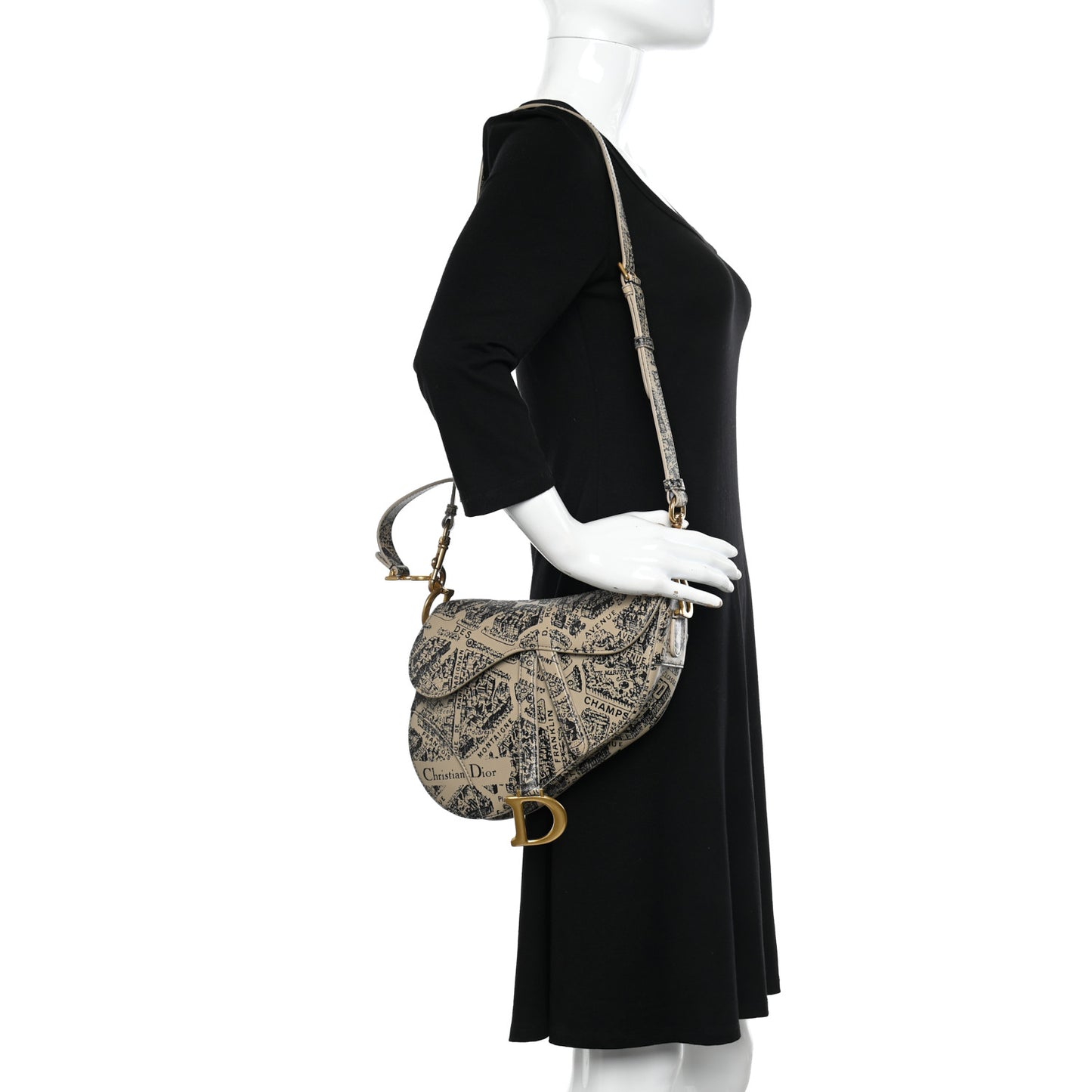 Calfskin Plan De Paris Printed Saddle Bag With Strap Beige Black