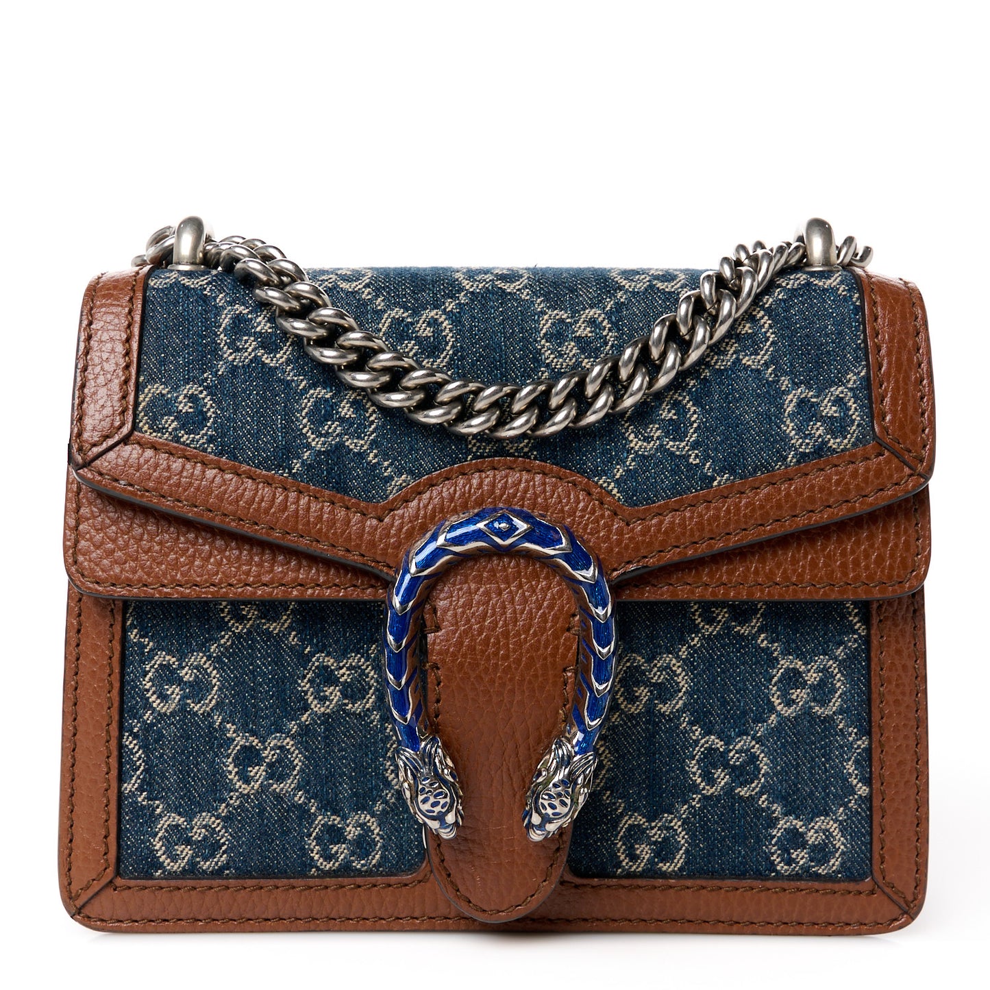 New Denim GG Monogram Dollar Calfskin Enamel Mini Dionysus Shoulder Bag Blue Tea Cuir Epilog Electric Blue