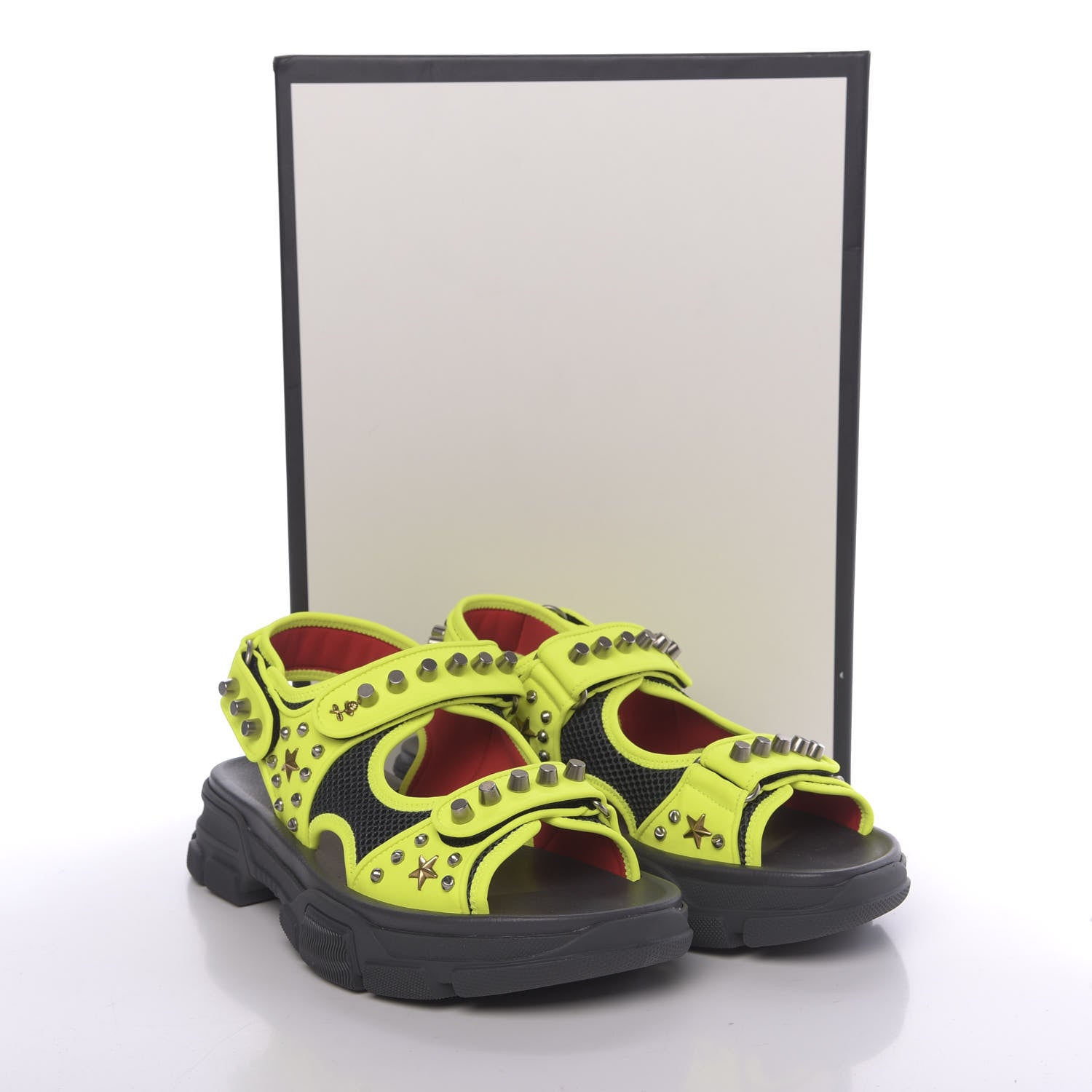 Gucci Technical Canvas Calfskin Studded Mens Aguru Sandals 9 Neon Yellow 8 of 8