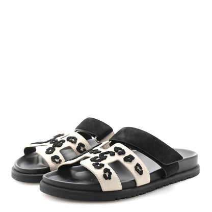Hermes Suede Goatskin Womens Tufted Leopard Chypre Sandals  38 Beige Esquisse Black 4 of 9
