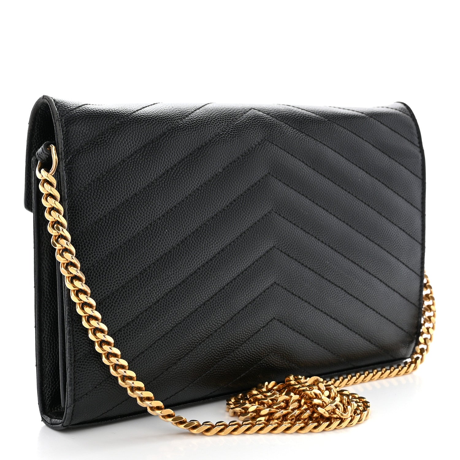 Saint Laurent Grain De Poudre Matelasse Chevron Monogram Chain Wallet Black 3 of 10
