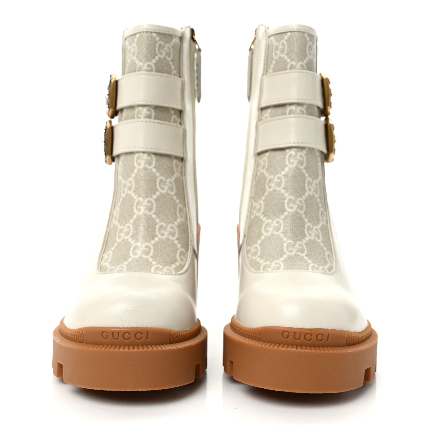 Gucci Kensington Calfskin Nappa GG Supreme Monogram Womens Double Buckle Ankle Boots 35 Mystic White Beige 2 of 9