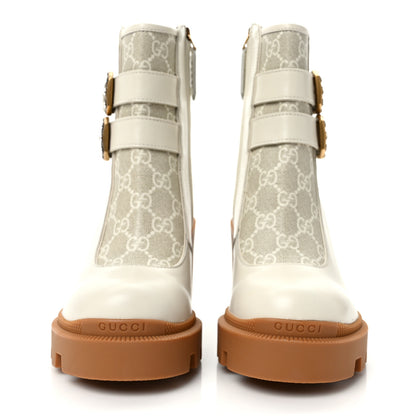 Gucci Kensington Calfskin Nappa GG Supreme Monogram Womens Double Buckle Ankle Boots 35 Mystic White Beige 2 of 9