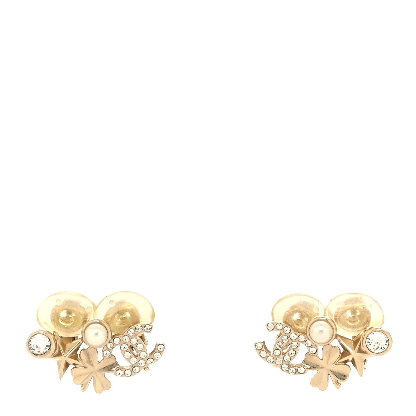 Crystal Pearl CC Star Clover Clip On Earrings Gold Pearly White