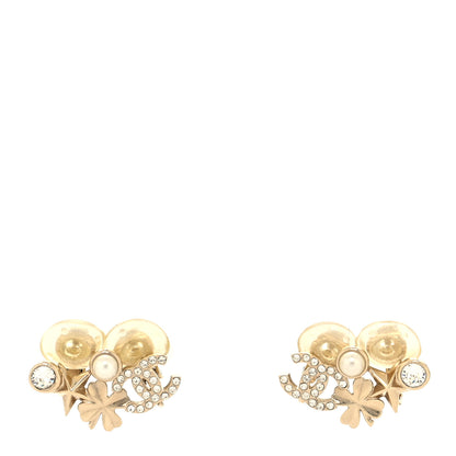 Chanel Crystal Pearl CC Star Clover Clip On Earrings Gold Pearly White 1 of 4