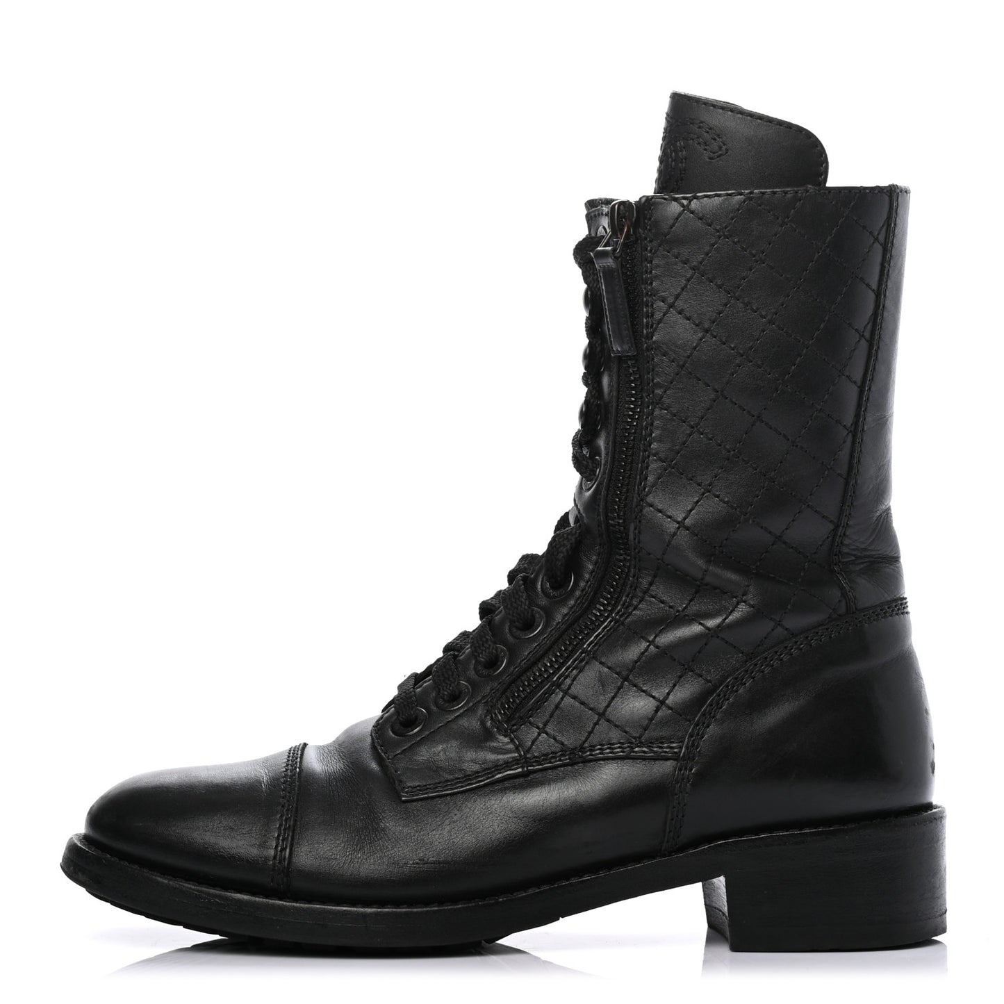 Calfskin Quilted Lace Up Combat Boots 40 Black