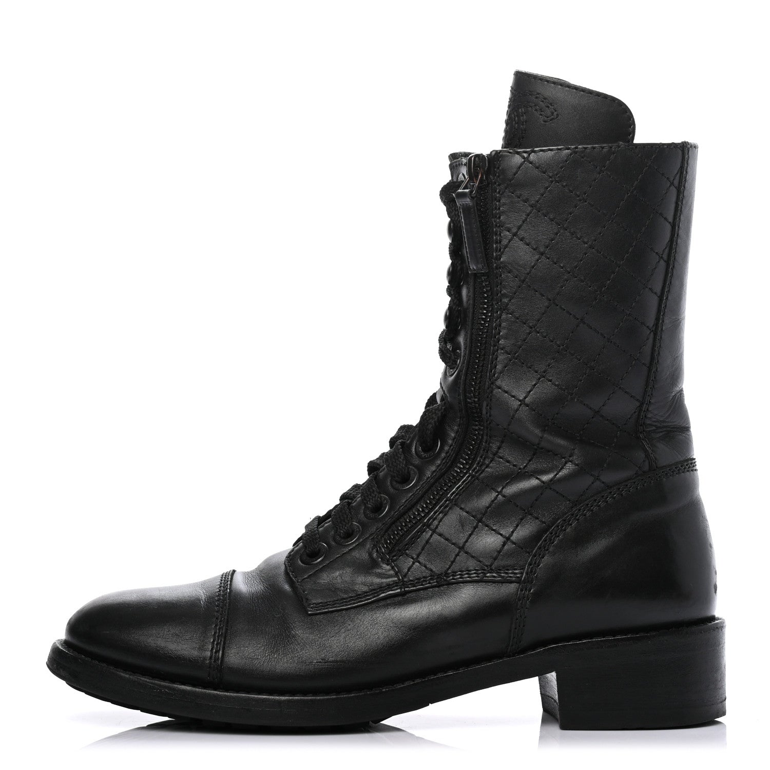 Chanel Calfskin Quilted Lace Up Combat Boots 40 Black 1 of 11