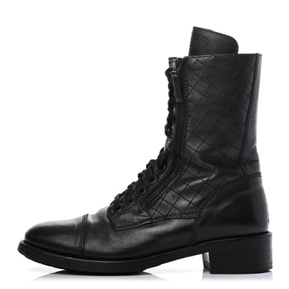 Chanel Calfskin Quilted Lace Up Combat Boots 40 Black 1 of 11