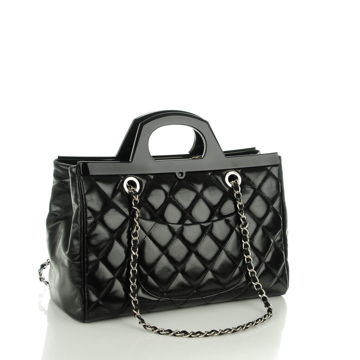 Glazed Calfskin Quilted Small CC Delivery Tote Black
