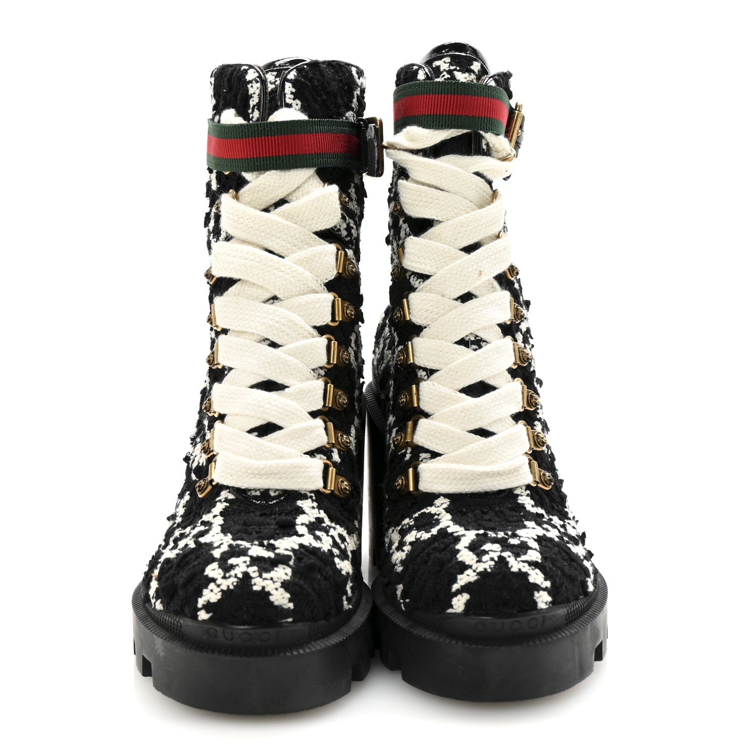 Gucci Tweed GG Monogram Lace Up Combat Ankle Boots 35.5 Black 3 of 9