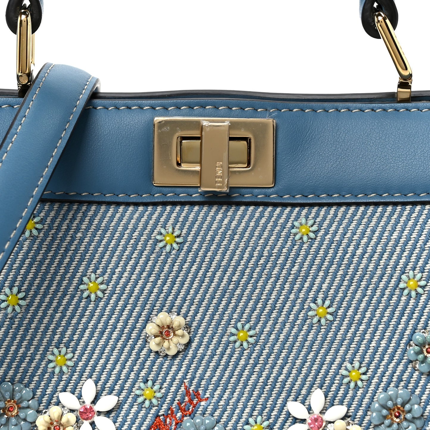 Woven Fabric Calfskin Floral Embroidered Petite Peekaboo I SEE U Satchel Blue