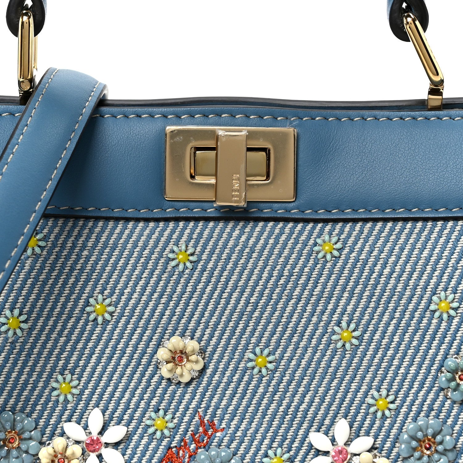 Fendi Woven Fabric Calfskin Floral Embroidered Petite Peekaboo I SEE U Satchel Blue 8 of 10