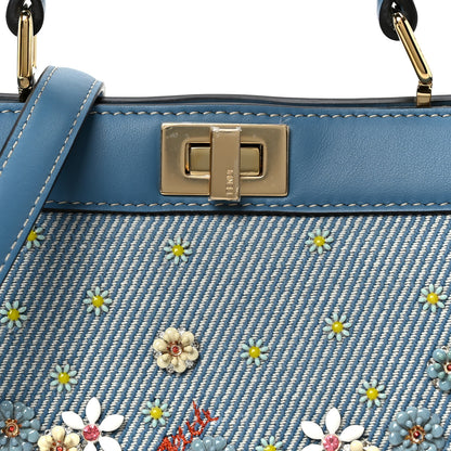 Fendi Woven Fabric Calfskin Floral Embroidered Petite Peekaboo I SEE U Satchel Blue 8 of 10