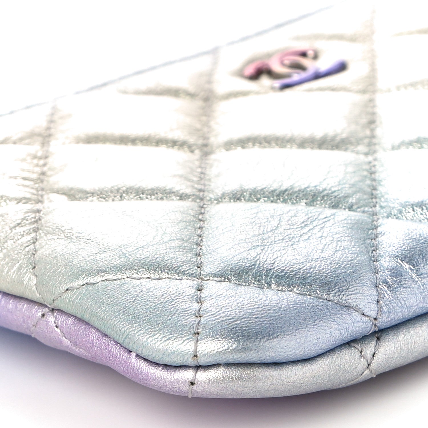 Chanel Gradient Metallic Calfskin Quilted Small Cosmetic Pouch Silver Blue Yellow Purple 9 of 11