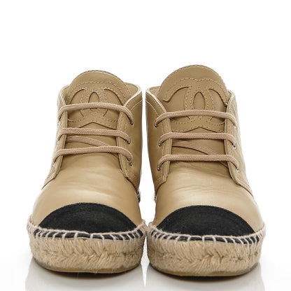 Chanel Lambskin Canvas Cap Toe Lace Up Espadrilles 37 Dark Beige Noir 2 of 7