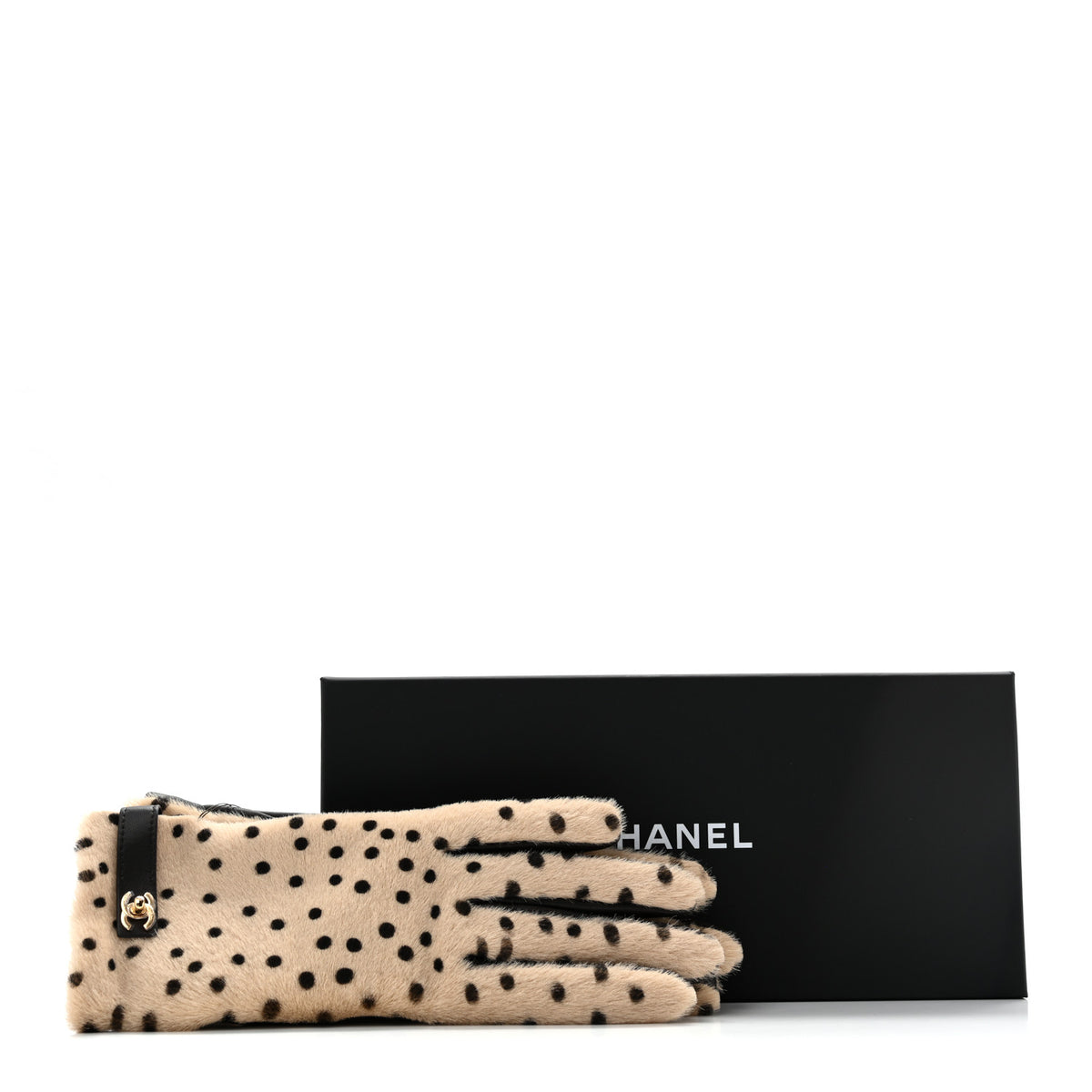 Chanel Lambskin Ponyhair Gloves 7.5 Beige Black 5 of 5