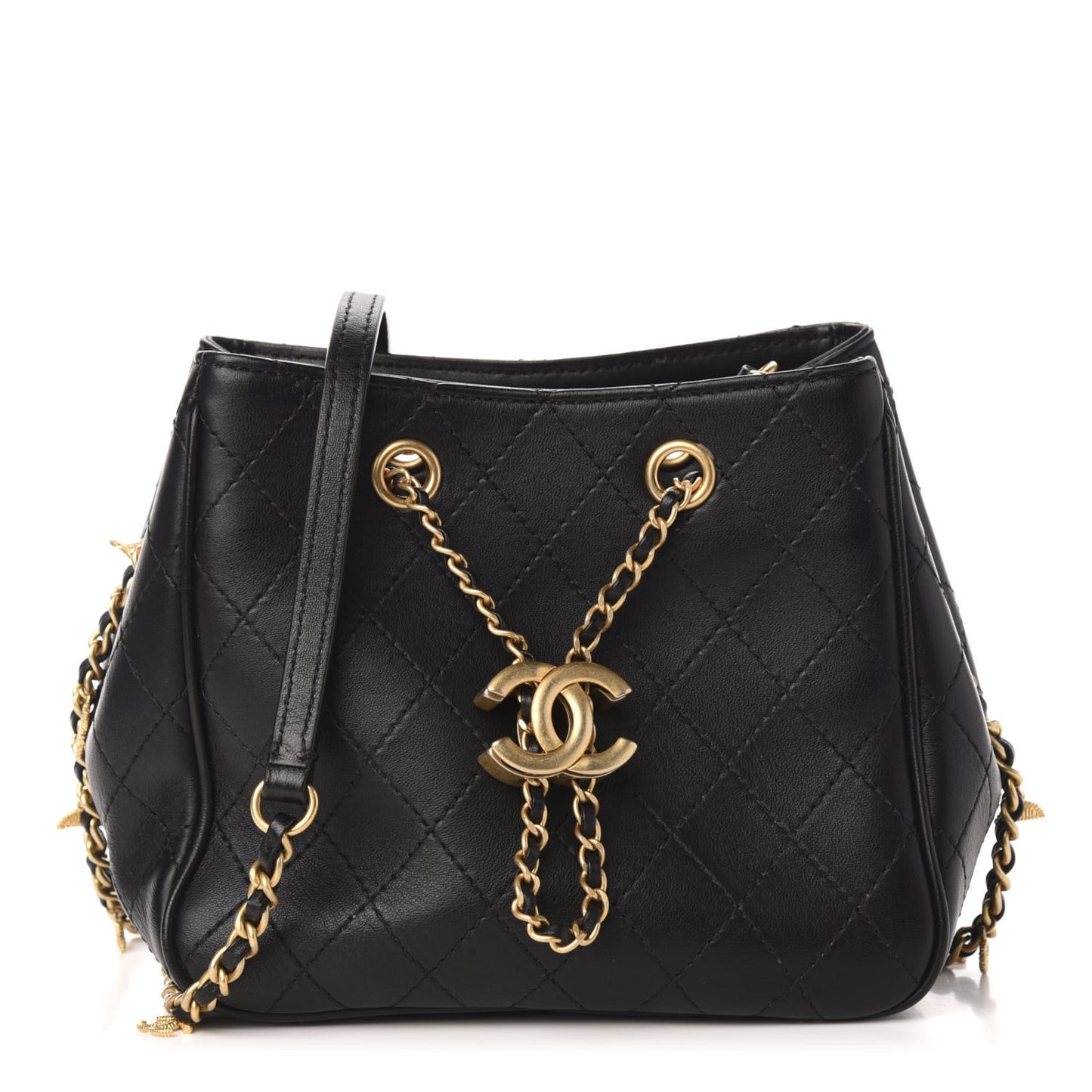 Calfskin Stitched Small Egyptian Amulet Drawstring Bag Black