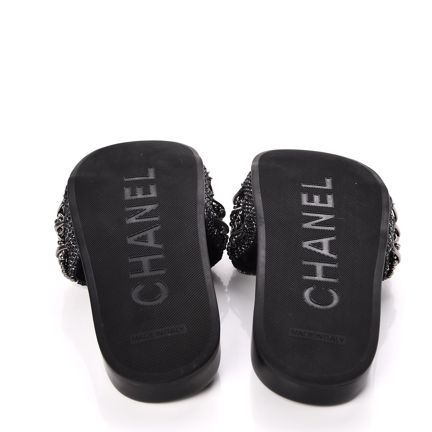 Tweed Lambskin Chain Flat Sandals 36 Black Silver