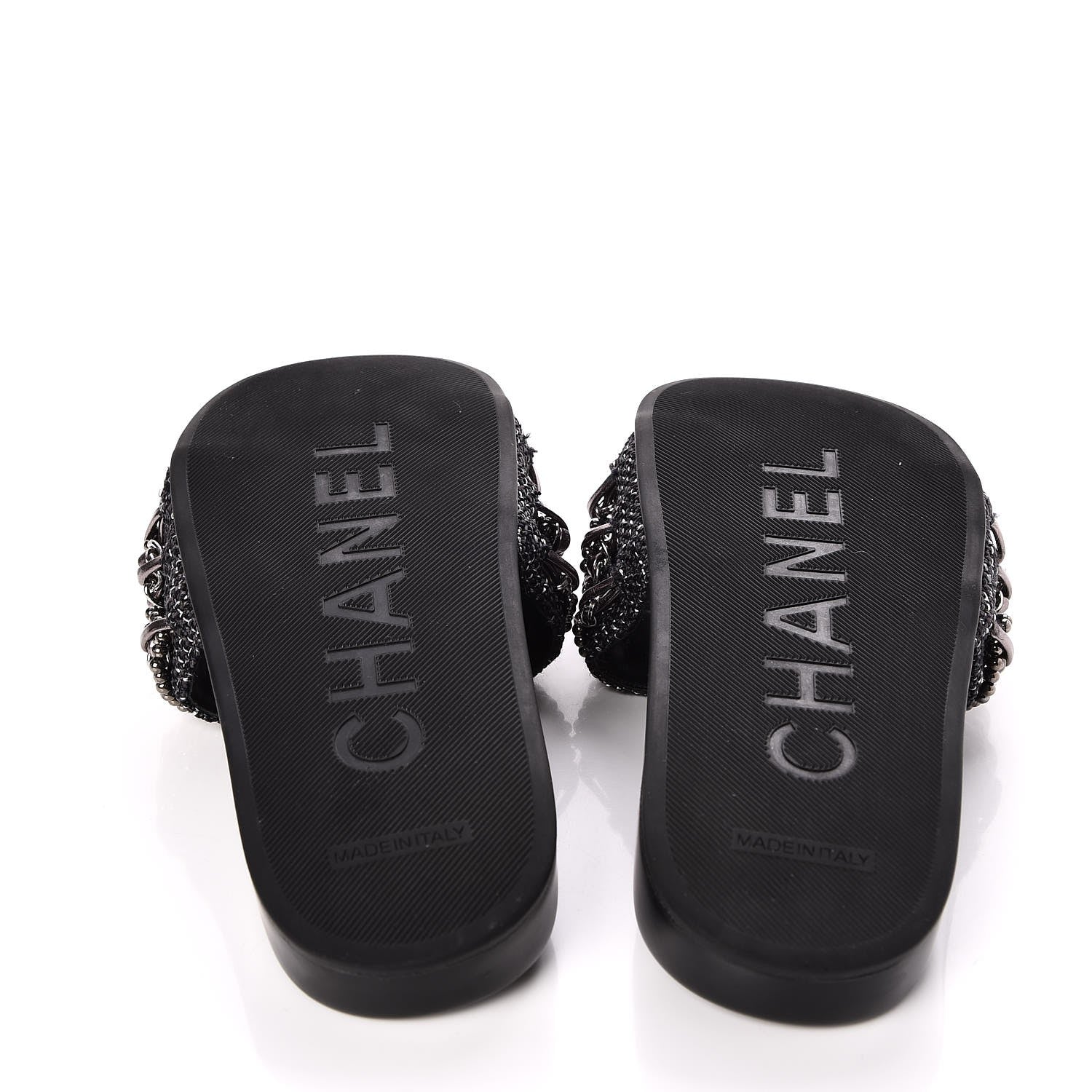 Chanel Tweed Lambskin Chain Flat Sandals 36 Black Silver 5 of 7