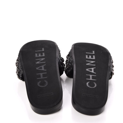 Chanel Tweed Lambskin Chain Flat Sandals 36 Black Silver 5 of 7