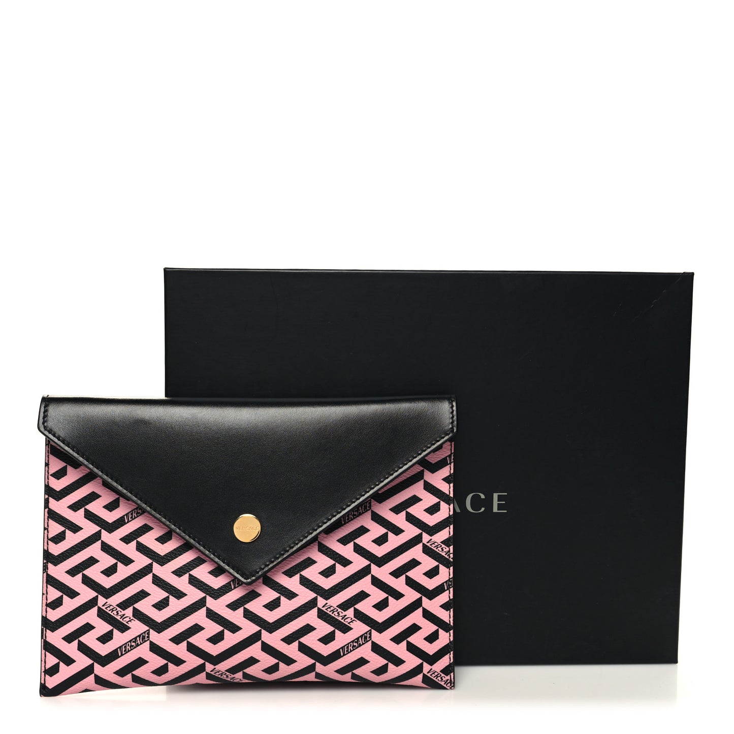 Coated Canvas Calfskin LA Greca Envelope Pouch Black Pink