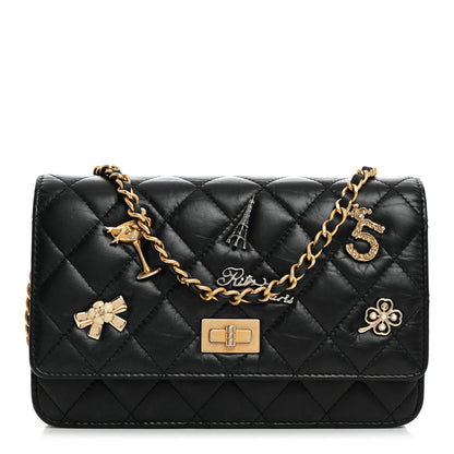 Chanel Aged Calfskin Quilted Lucky Charms 2.55 Reissue Wallet On Chain WOC Black 1 of 10