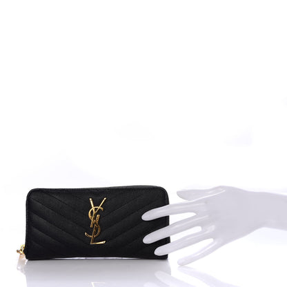 Saint Laurent Grain De Poudre Matelasse Chevron Monogram Zip Around Wallet Black 2 of 8