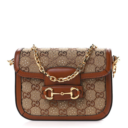 Gucci New Canvas Charisma Calfskin Crystal GG Monogram Mini Horsebit 1955 Shoulder Bag Camel Ebony 1 of 13