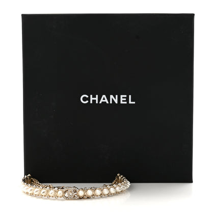 Chanel Strass Crystal Studded Pearl CC Choker Necklace Gold Pearly White 6 of 6