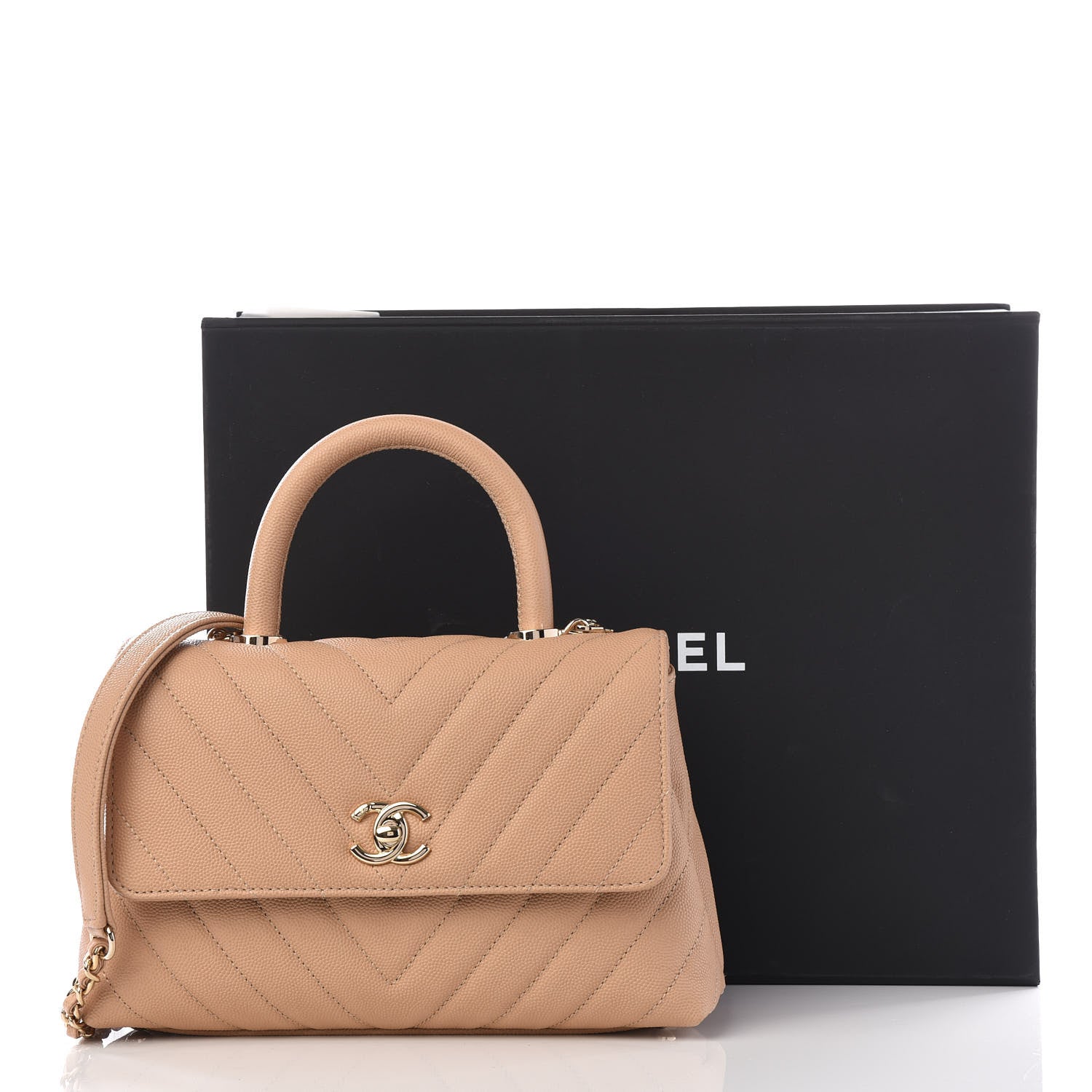 Chanel Caviar Chevron Quilted Mini Coco Handle Flap Beige 10 of 10