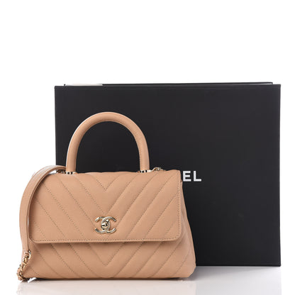 Chanel Caviar Chevron Quilted Mini Coco Handle Flap Beige 10 of 10