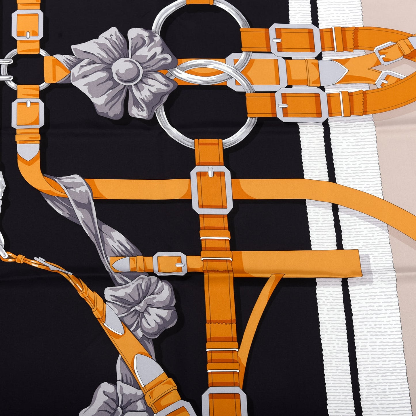 Silk Grand Manege Detail Scarf 90 Black Etoupe Caramel