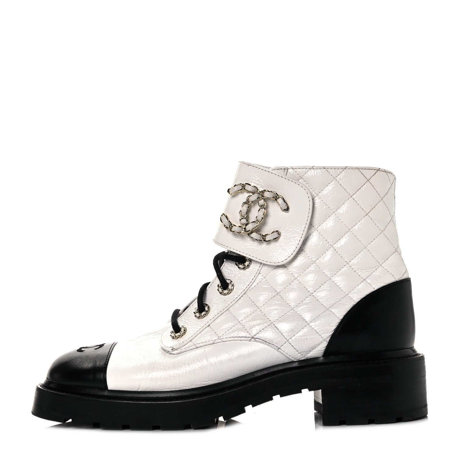 Chanel Shiny Goatskin Calfskin Quilted Lace Up Combat Boots 41.5 Black White 1 of 7