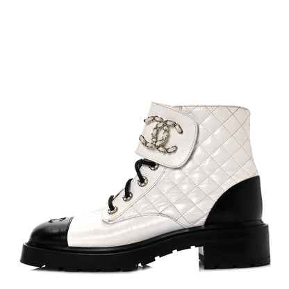 Chanel Shiny Goatskin Calfskin Quilted Lace Up Combat Boots 41.5 Black White 1 of 7