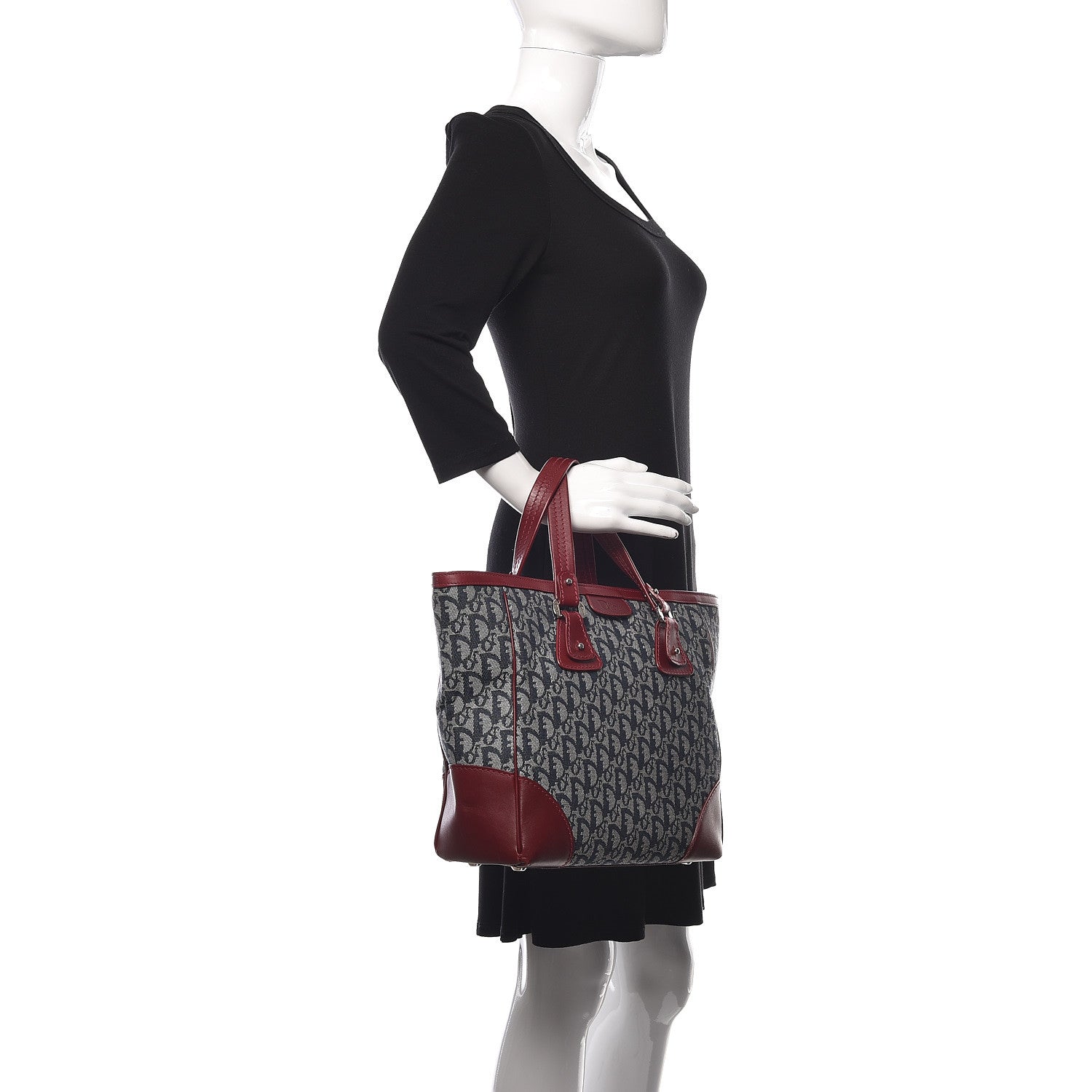 Christian Dior Denim Calfskin Monogram Tote Navy Blue Red 2 of 12