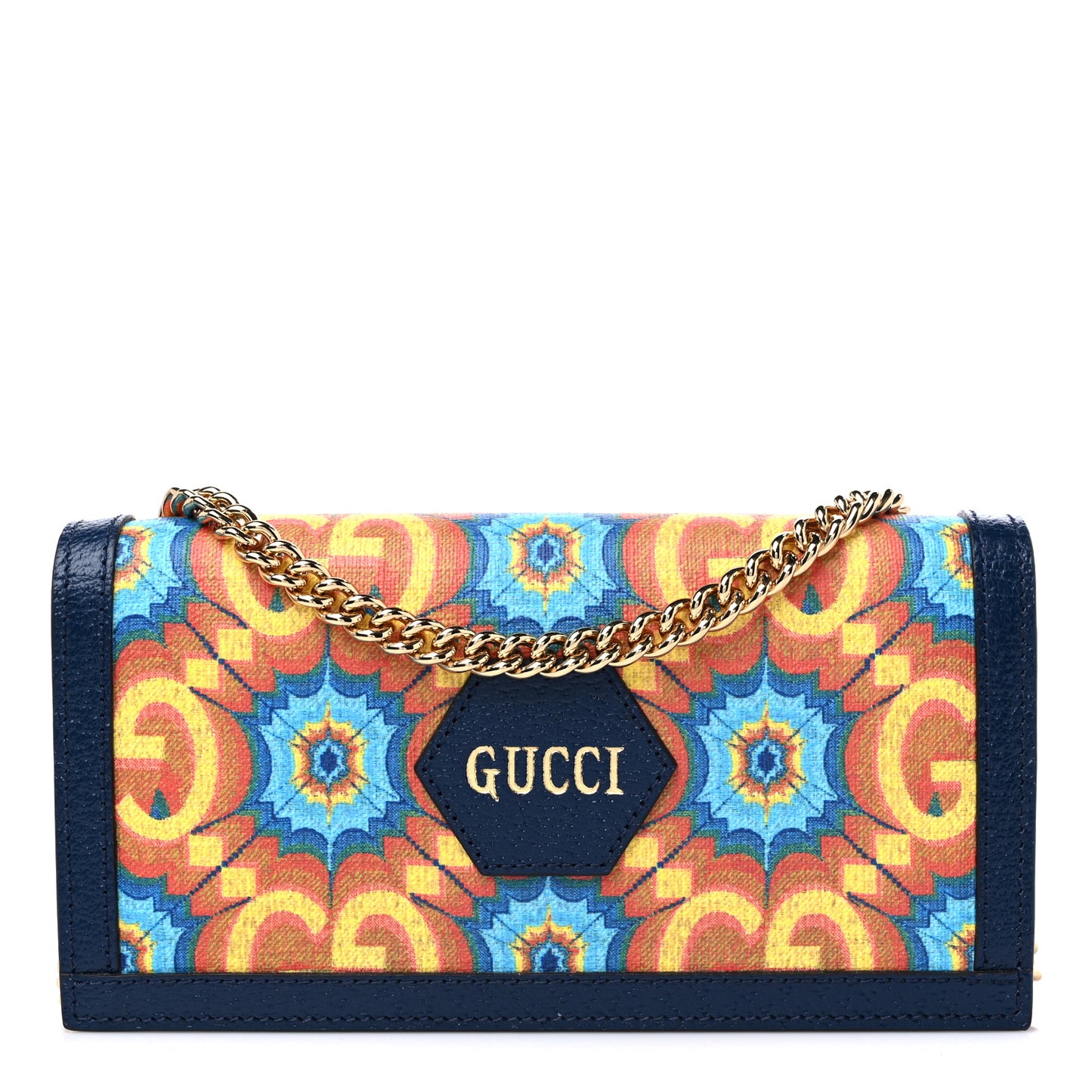 GG Supreme Kaleidoscope Calfskin Script Logo Gucci 100 Chain Wallet Blue Orange Multicolor Blue Agata