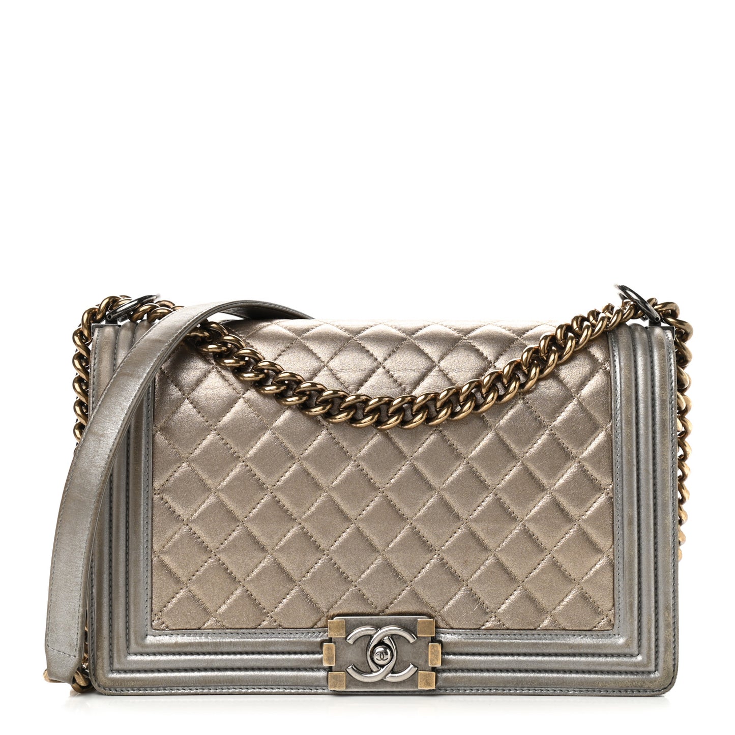 Metallic Calfskin Quilted New Medium Boy Flap Khaki