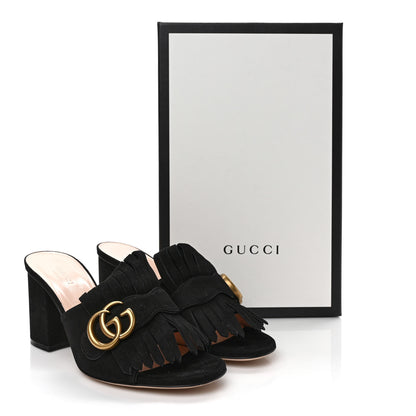 Gucci Kid Scamosciato GG Marmont Fringe 75mm Slide Sandals 37.5 Black 8 of 8