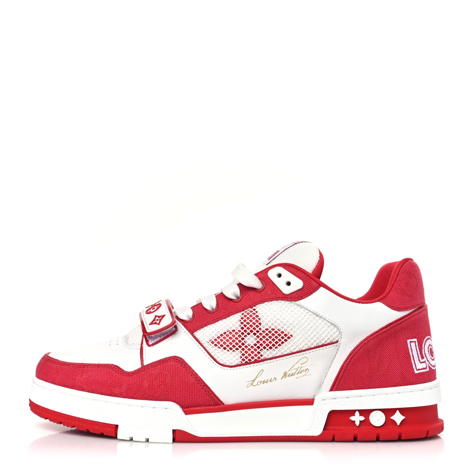 Louis Vuitton Calfskin Embossed Monogram Denim Mens LV Trainer Sneakers 9 Red 1 of 9
