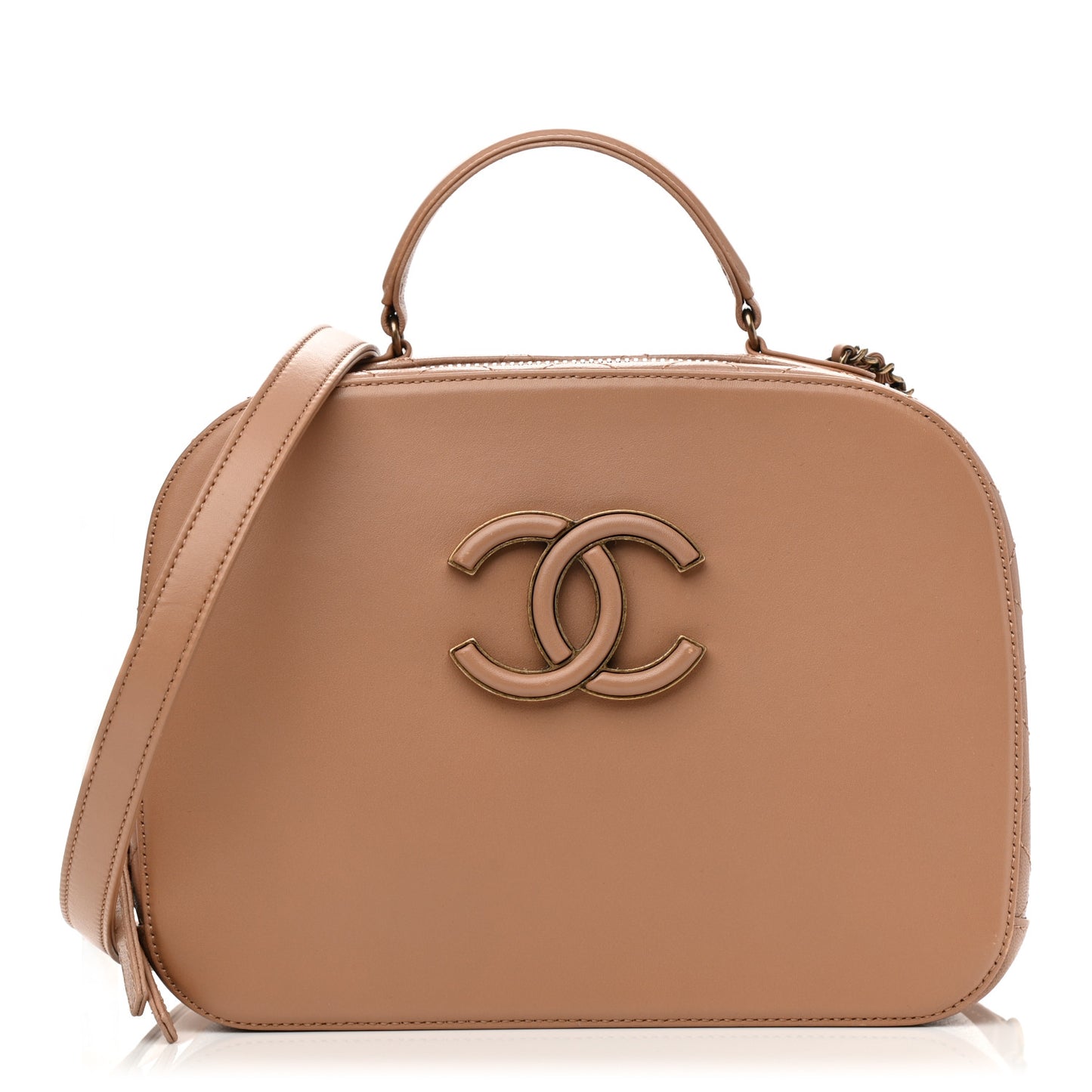 Shiny Calfskin Goatskin Quilted Coco Curve Vanity Beige