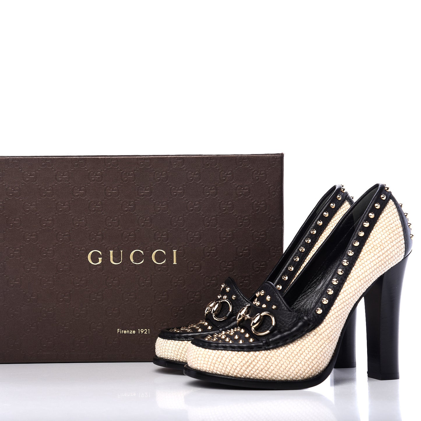 Calfskin Canvas Studded Horsebit Alyssa Pumps 38 Black Ivory