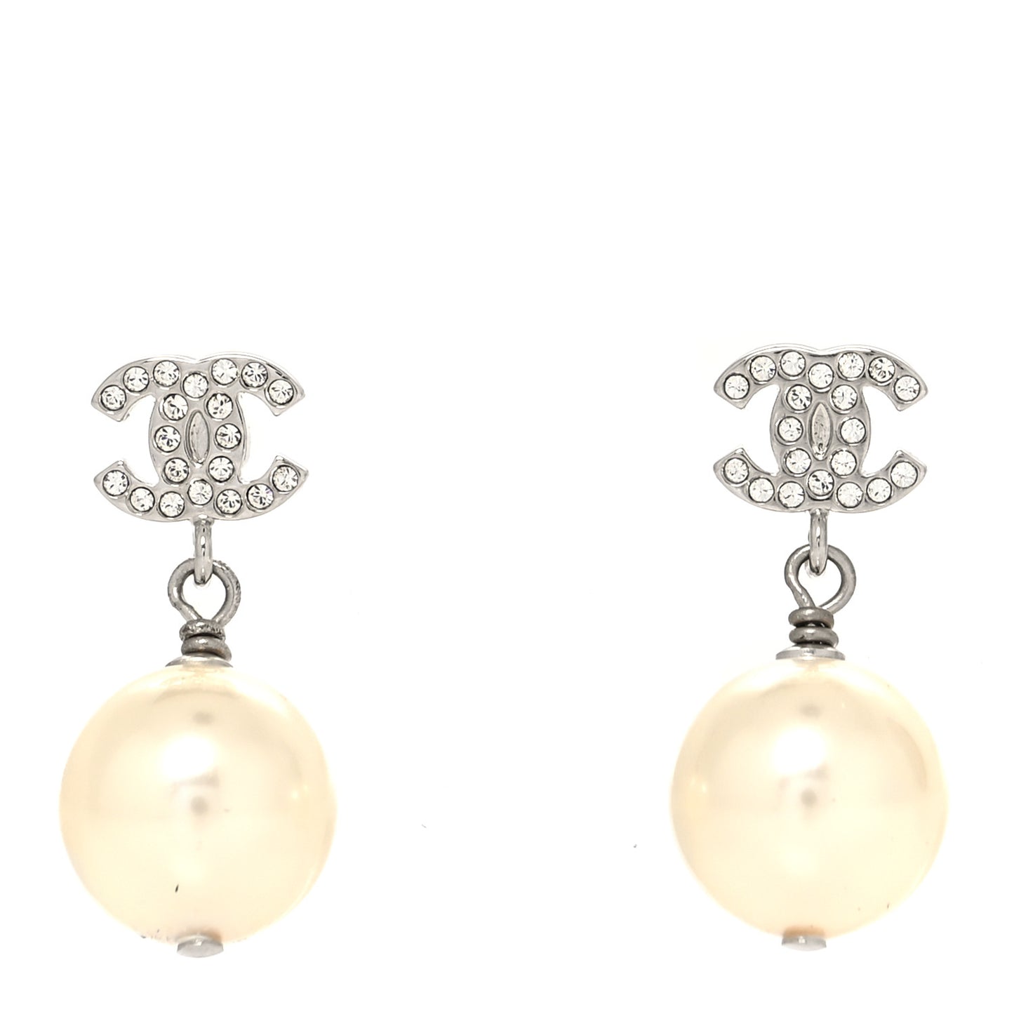 Crystal Pearl CC Drop Earrings Silver