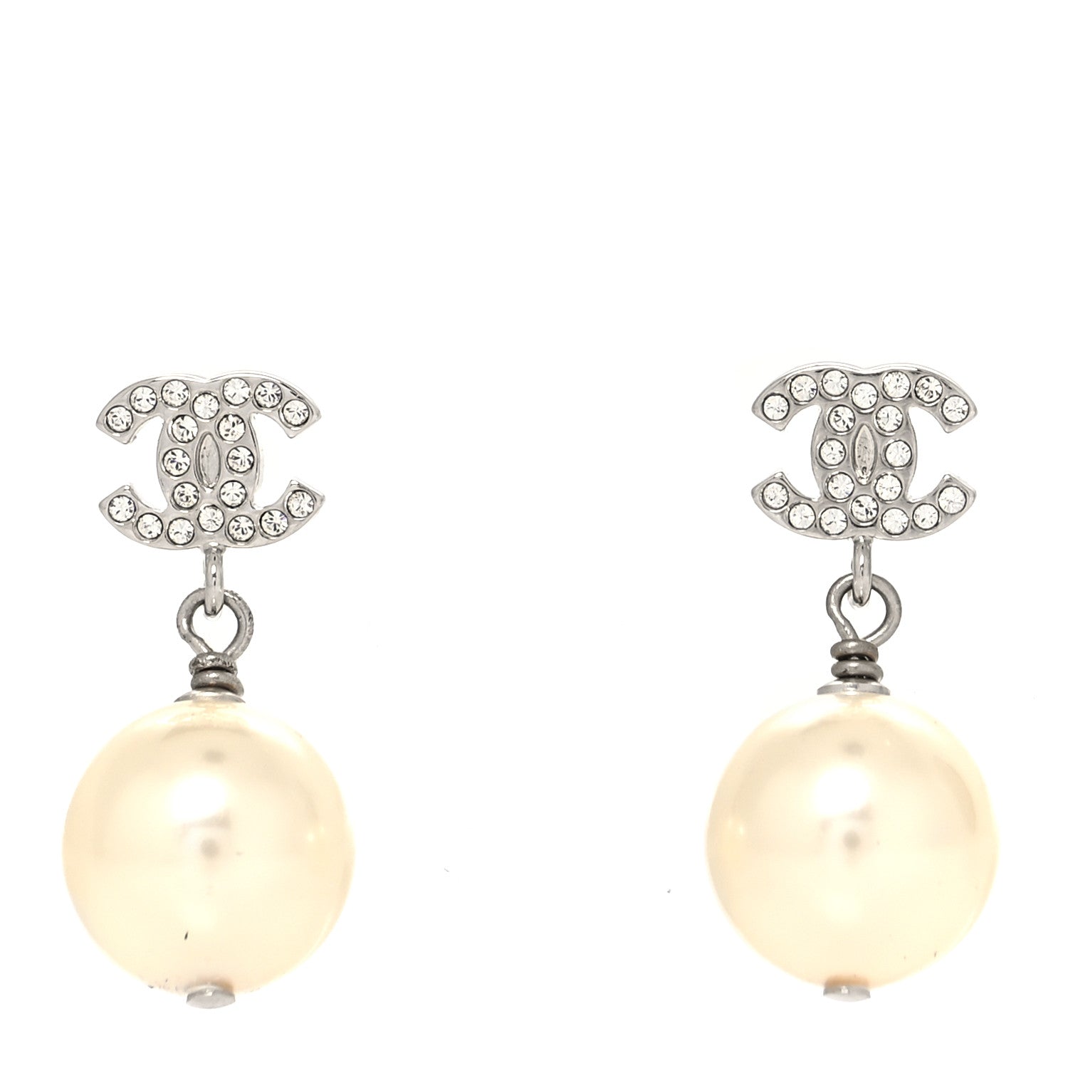 Chanel Crystal Pearl CC Drop Earrings Silver 1 of 4