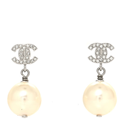Chanel Crystal Pearl CC Drop Earrings Silver 1 of 4