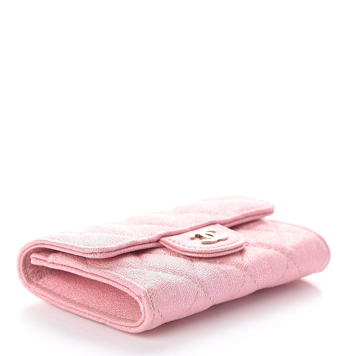 Iridescent Caviar Quilted Flap Card Holder Rose Pink