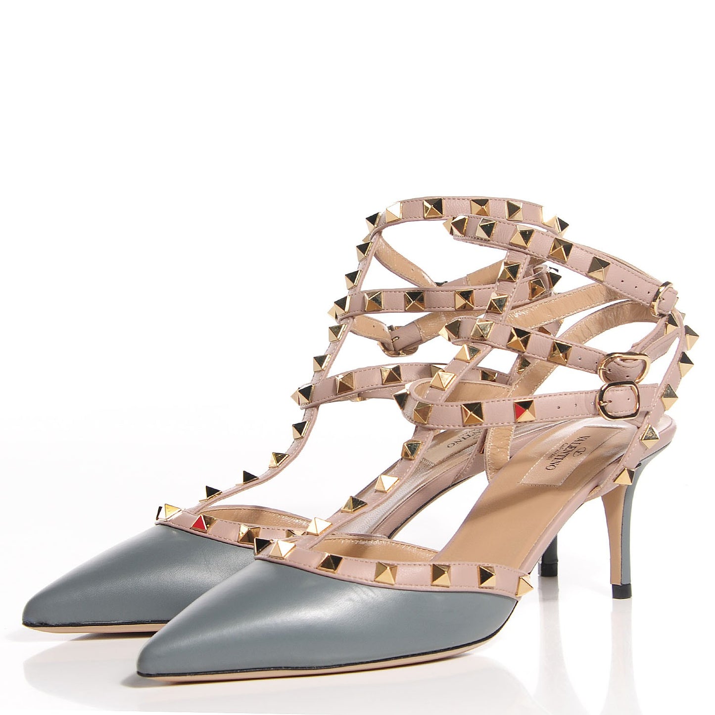 Nappa Rockstud Ankle Strap Low Heel Pumps 40 Stone Poudre