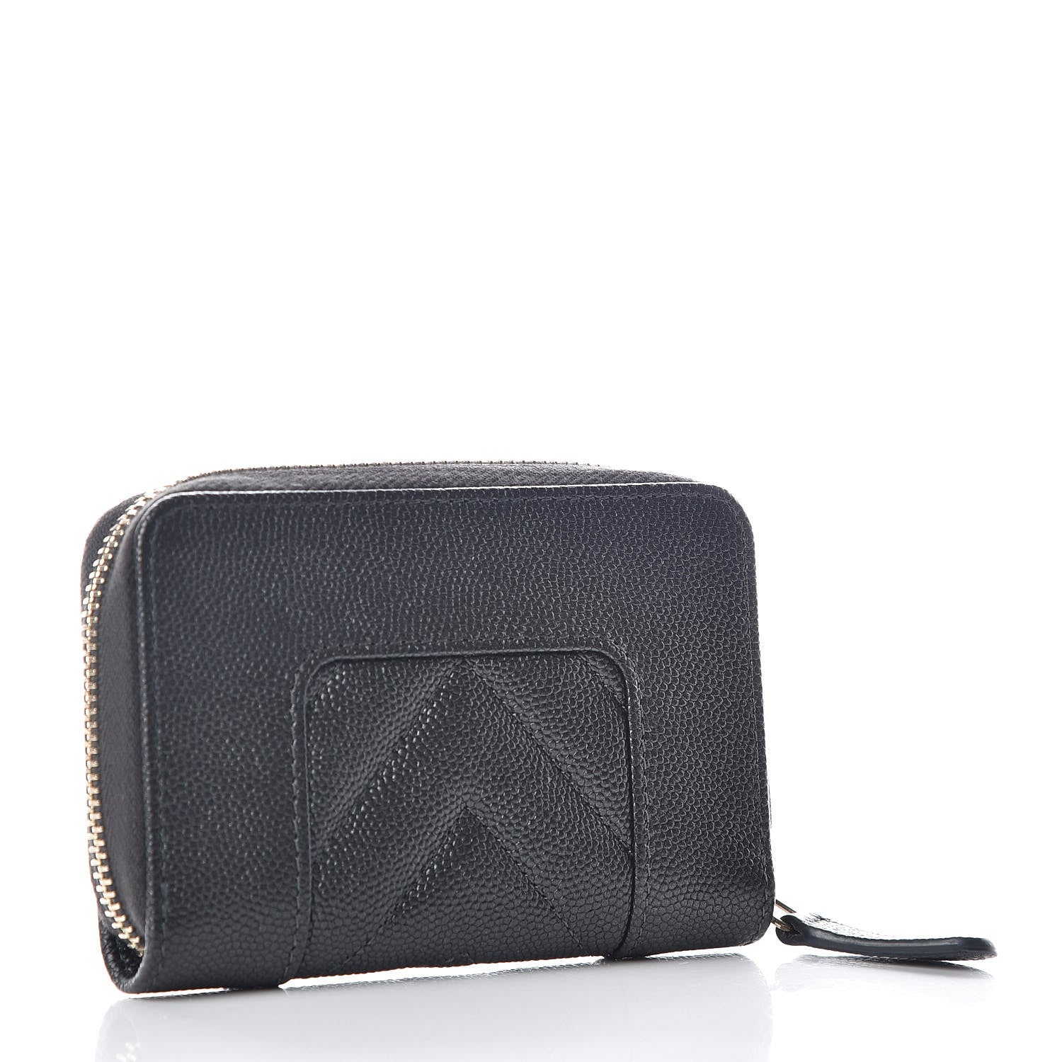 Chanel Metallic Caviar Chevron Quilted Vintage Mademoiselle Zip Coin Purse Dark Grey 3 of 10