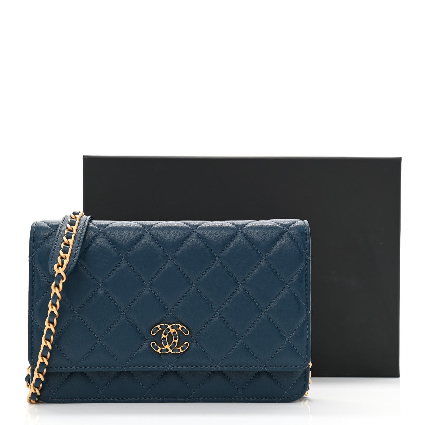 Goatskin Quilted Chanel 19 Wallet On Chain WOC Blue